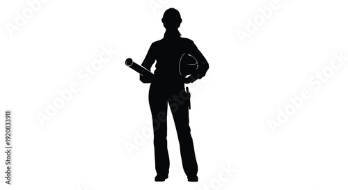 A dark silhouette of a woman holding plans and a helmet silhouette