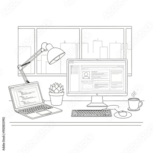 Modern office workspace with computer and laptop setup.