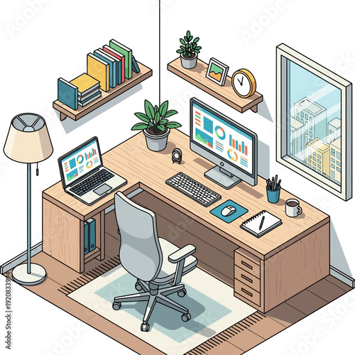 Modern office workspace with computer and ergonomic chair.