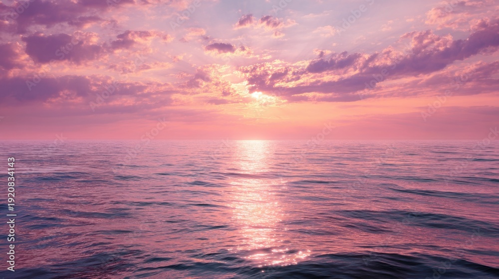 Fototapeta premium A view of the ocean at sunset shows a gentle horizon. The sky turns pink and purple while the water reflects these colors. The scene captures the end of the day.