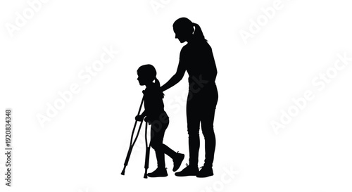 Mother assisting child with crutches a striking black silhouette