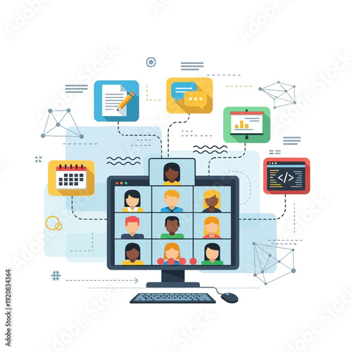 Virtual meeting on computer screen with diverse participants and various icons.