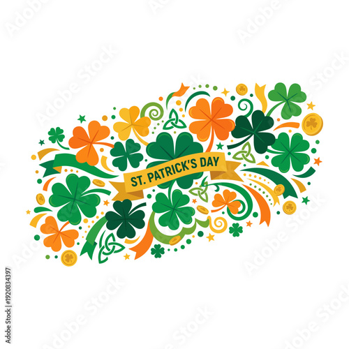 Decorative flat vector illustration with shamrocks, flowers, and typography for St. Patrick’s Day celebration. Ideal for banners, posters, and festive designs