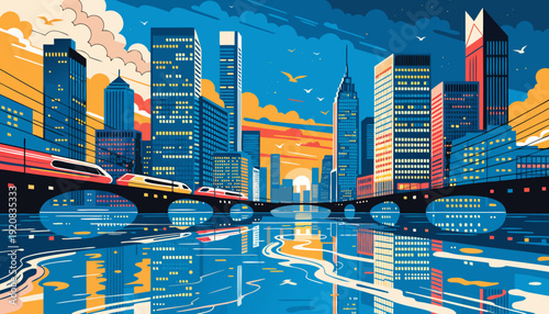 Houston cityscape vector illustration with train silhouette over water. Suitable for travel brochures, city guides, and tourism websites.