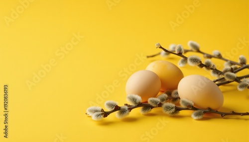 Pussy willow branches and eggs on yellow background with space for text
