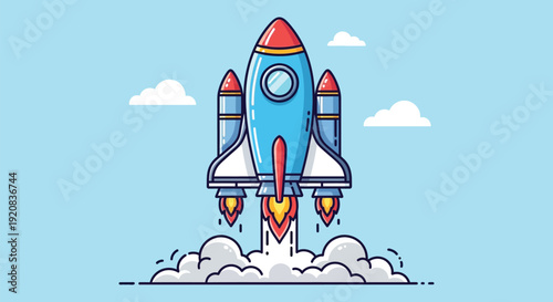 Colorful cartoon rocket ship launching into the sky with flames and smoke.