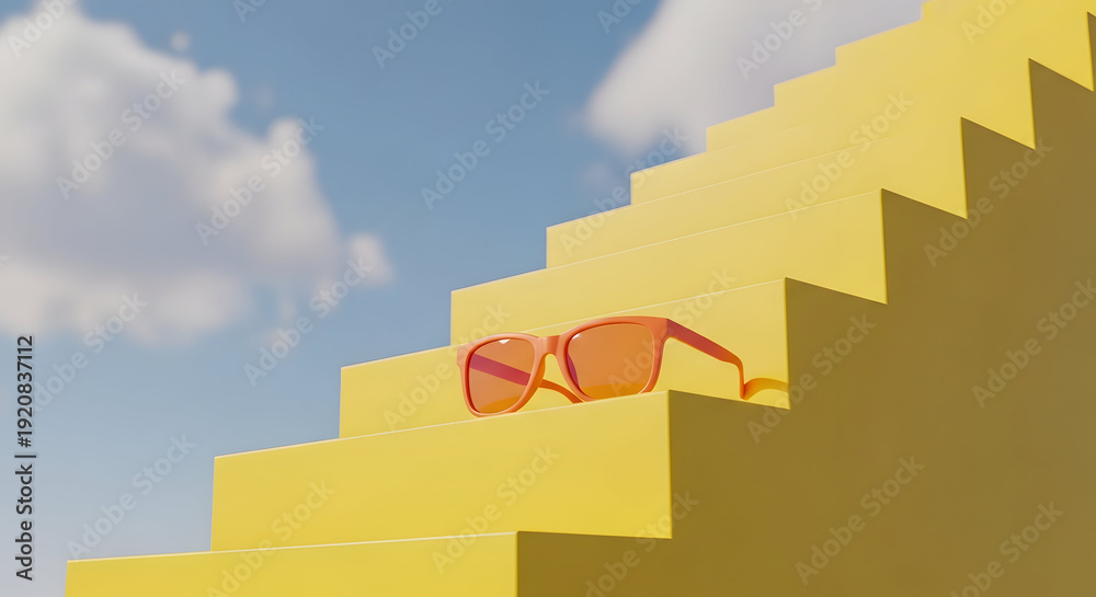 Fototapeta premium Sunglasses resting on yellow stairs against a clear blue sky with fluffy white clouds, symbolizing a sunny day or summer vacation.