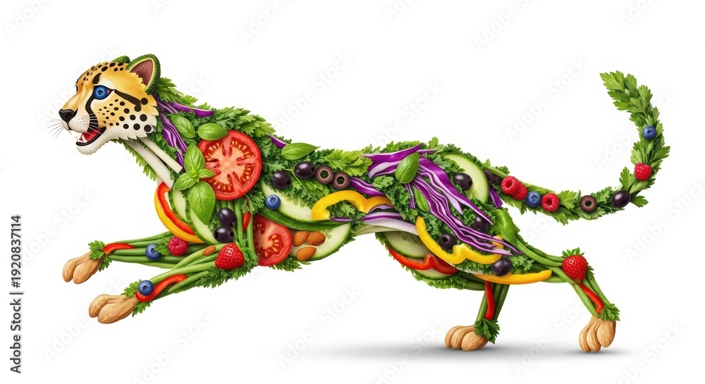 Fototapeta premium Cheetah made of fresh vegetables and fruits