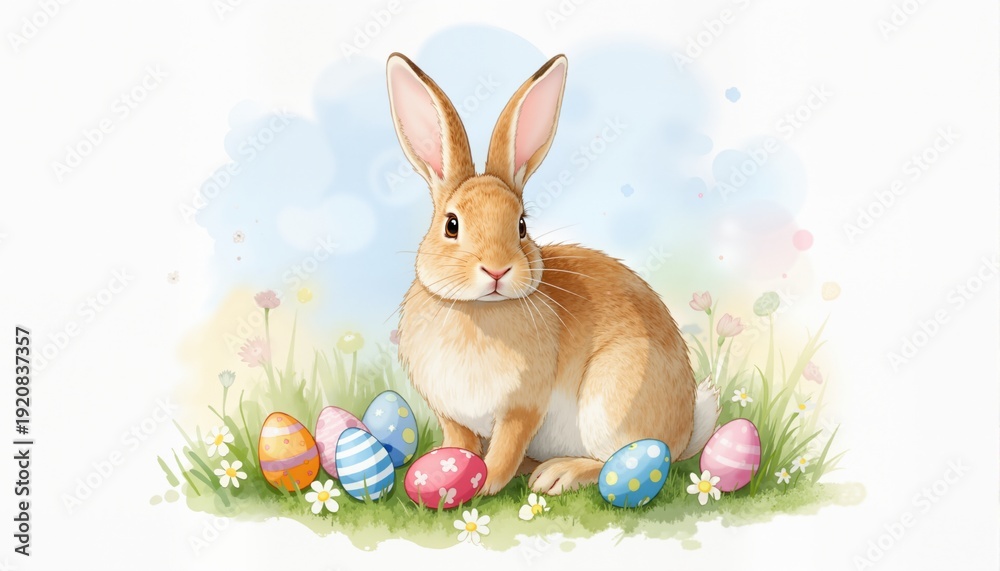 Obraz premium Watercolor Easter bunny with eggs 