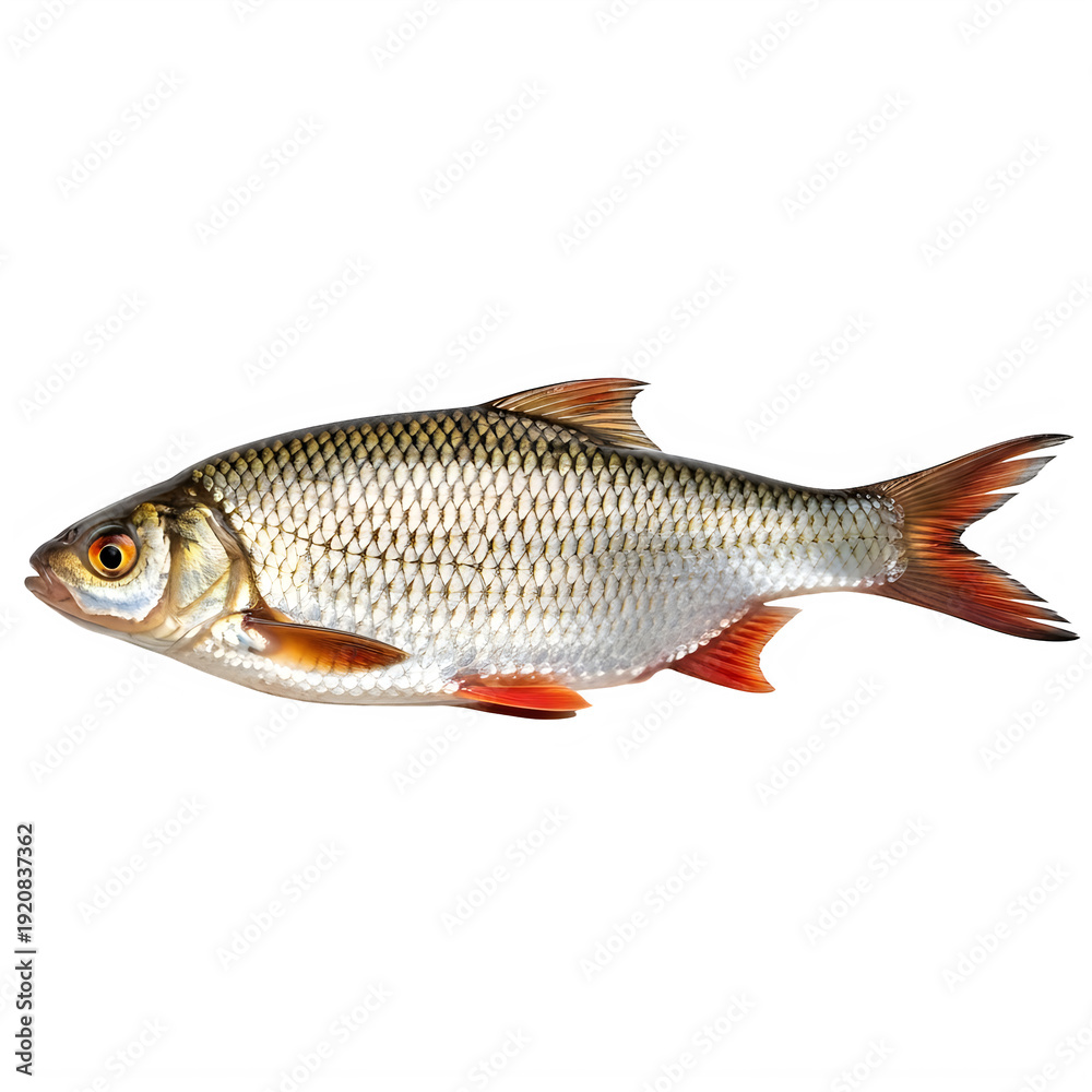 Fototapeta premium Fresh common roach fish isolated on white background, silver rutilus rutilus with red fins, raw river fish for culinary and fishing concepts