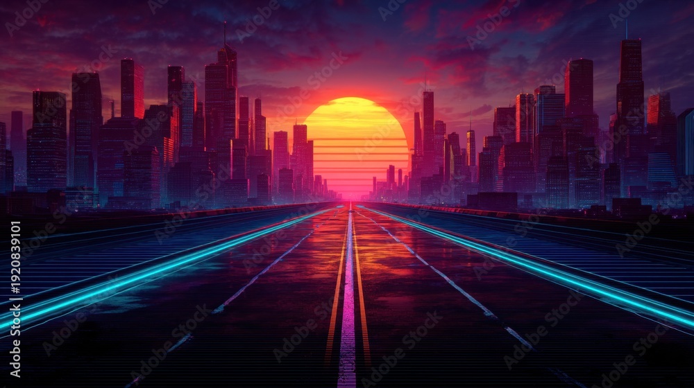 Obraz premium A city skyline stands against a colorful sunset. The large sun casts bright hues across the buildings. The road reflects the colors of the sky creating a vibrant scene.