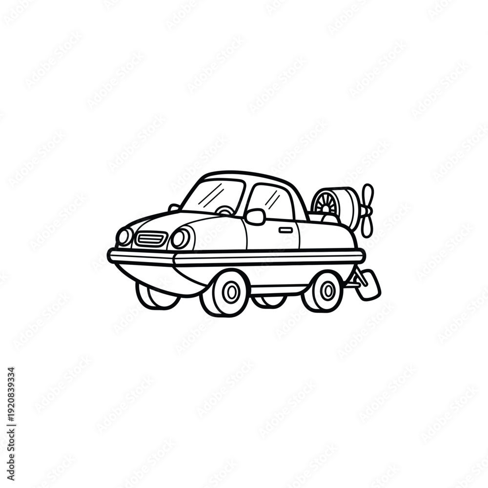 Obraz premium Simple black and white line drawing of a cartoon car with a propeller.