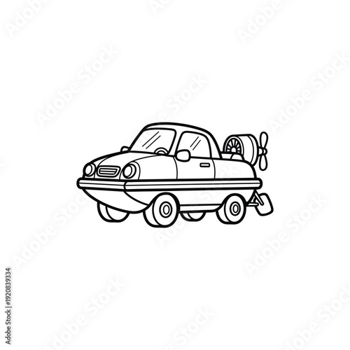 Simple black and white line drawing of a cartoon car with a propeller.