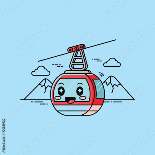 Cartoon Cable Car with Smiling Face in Mountain Landscape.