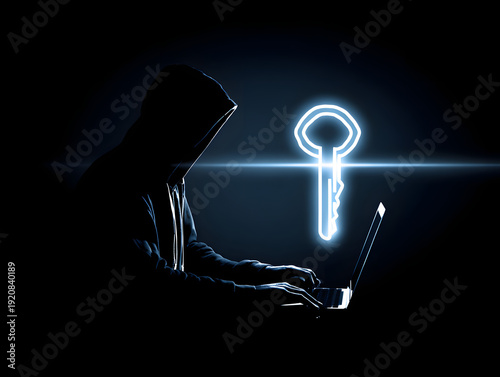 Shadowy hacker silhouette typing on laptop beside glowing key symbol representing encrypted access