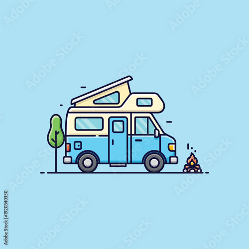 Camper van with a campfire in a serene outdoor setting.