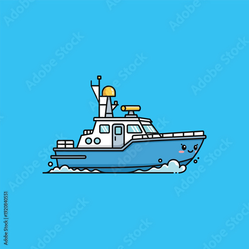 Blue Cartoon Coast Guard Ship on Water.