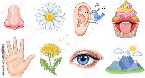 Colorful of a nose, daisy, ear with bird, tongue with cupcake, hand, dandelion, eye, and mountains with sun