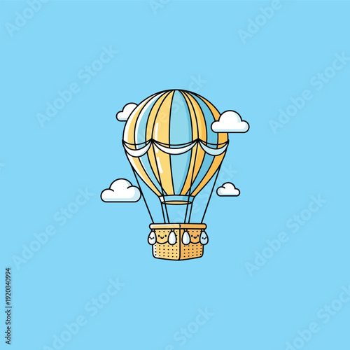 Vibrant Hot Air Balloon Soaring Through the Sky with Clouds.