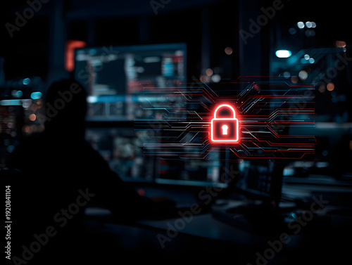 Red illuminated padlock icon over blurred workstation screens symbolizing cybersecurity defense