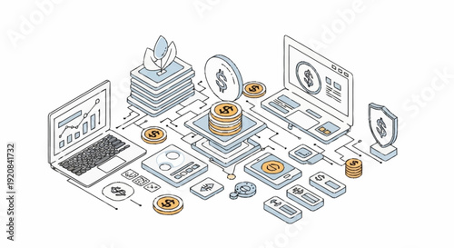Digital currency and online transactions illustration with laptops and devices.