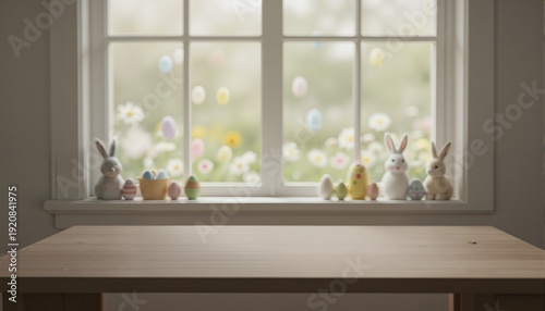blurred window of easter time and desk of free space 
