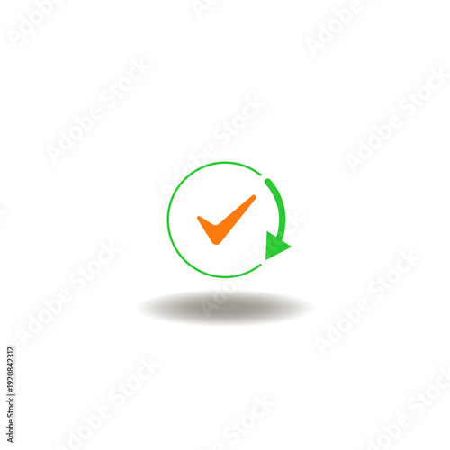 Vector illustration of check mark with round arrow process. Symbol of ISO standard. Icon of compliance.