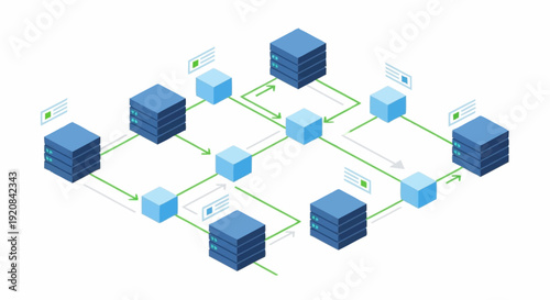 3D illustration of interconnected database servers and storage systems.