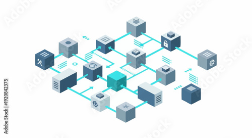 3D rendered network of interconnected cubes with central hub.