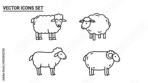 Sheep and Ram Vector Icons Set - Cute Farm Animal Outline Collection