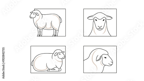 Minimalist Sheep Line Art Icons Set in Various Poses