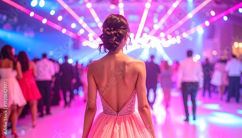 Rear view of woman in evening gown moving toward illuminated stage in crowded nightlife venue