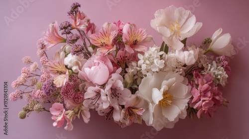 A collection of colorful flowers is arranged on a soft pink backdrop. Different types of blooms show a variety of shapes and sizes highlighting natures beauty.