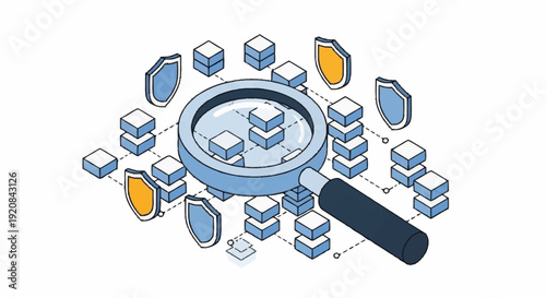 Magnifying glass examining various digital security elements and data blocks.