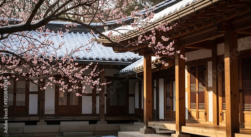 Traditional Korean temple courtyard adorned with blooming cherry blossom branches, serene winter snow on roof, soft natural light casting warm glow, cultural heritage architecture