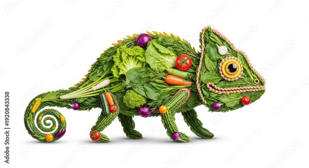 Fototapeta premium Creative chameleon made of fresh vegetables, healthy food concept