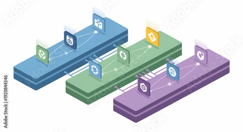 Three 3D rectangular blocks with icons and symbols on top, representing different stages or processes.