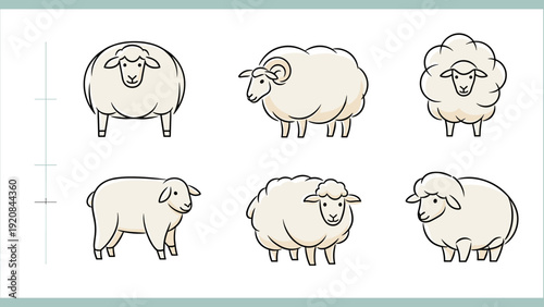 Six Cartoon Sheep Characters Set with Different Poses and Wool Textures