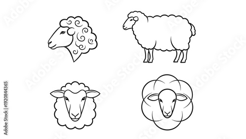 Simple Sheep Outline Icons Set Farm Animal Heads and Full Body Line Art