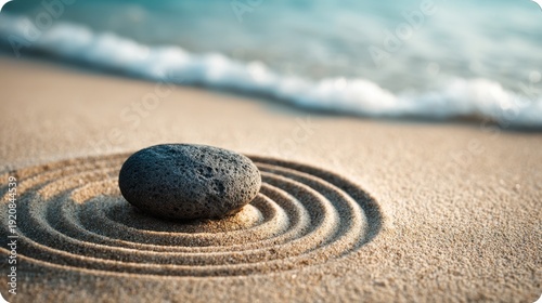 A smooth dark stone rests on soft sand surrounded by calming circular patterns. Gentle waves roll in creating a peaceful beach scene on a bright morning.