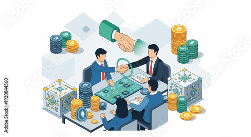 Business professionals collaborating around a table with financial documents and coins.