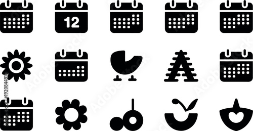 Black and white calendar icons with various symbols