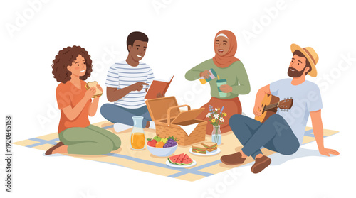 Friends Having Picnic in Park – Happy Outdoor Flat People Illustration