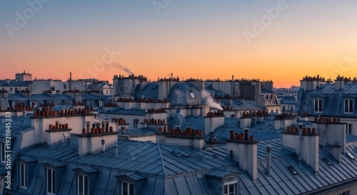 Parisian rooftops at golden hour with vintage chimneys and domed skylight emitting steam, serene twilight ambiance over classic European architecture, warm sunset hues blending with urban landscape
