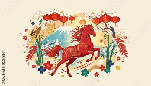 Vibrant Red Horse Illustration with Floral Elements.
