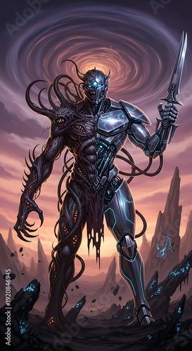 Cybernetic Warrior - A Dark Fantasy Robot with Sword and Cosmic Background.