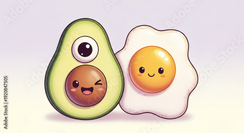 Adorable cartoon illustration of a friendly avocado half winking next to a smiling fried egg, a delightful and charming pairing perfect for healthy breakfast concepts