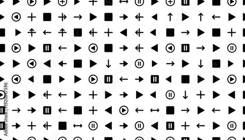 Collection of various black icons on a white background.