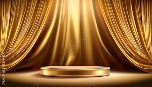 luxurious golden draped backdrop with elegant circular pedestal for product display or award ceremony