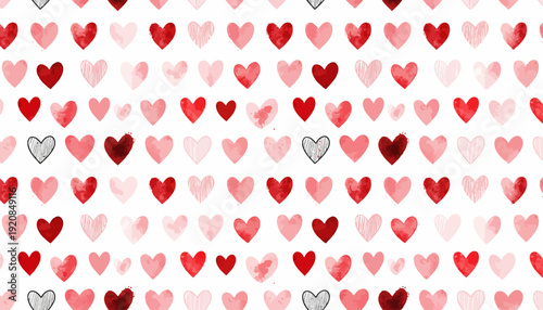 Watercolor hearts pattern in various shades of red and pink.